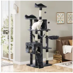 MSMASK Kratzbaum Stabil Katzenbaum mit Sisal-Seil, 176cm, Plüsch Liege höhlen Spielhaus Spielzeug für Mittelgroßer Katzen grau