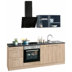 Küchenzeile OPTIFIT "Mini", grau (front: eichefarben, anthrazit, korpus: eichefarben, arbeitsplatte: anthrazit), B:210cm T:60cm, Komplettküchen-Sets, Breite 210 cm, wahlweise mit E-Geräten, mit Arbeitsplatte