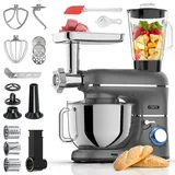 Fentic Küchenmaschine 6-in-1 – Knetmaschine, Mixer, Food Processor, Fleischwolf, Gemüseschneider, 2000W, 6,2L Edelstahlschüssel - Grau