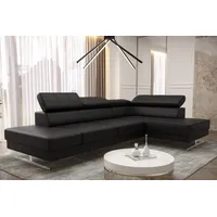 Friderik-EU Ecksofa EMPORIO MINI Echtleder-Sofa mit Kopfstützen & silbernen Füßen schwarz