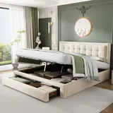 SOFTWEARY Polsterbett, 180x200 cm, Doppelbett mit Lattenrost, Bettkasten und Schubladen, gepolsterter Kopfteil höhenverstellbar, Bezug aus Samt - Beige