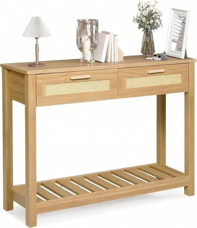 GRAVFORCE Schmaler Konsolentisch mit 2 Schubladen, offenes Regal, Beistelltisch mit Kippschutz, Flurmöbel, Sofatisch für Eingangsbereich, Wohnzimmer, Rattan