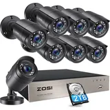 ZOSI 1080P Full HD Verkabelt Video Überwachungskamera Set Aussen mit 2TB HDD, 8CH H.265+ DVR, 8X 2MP Outdoor Kamera mit BNC Kabel, Bewegungserkennung