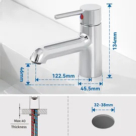 Auralum Wasserhahn Bad, Höhe 134 mm, Einhebel-badarmatur, universelle verchromte Mischbatterie, Waschtischarmatur für Bad, Gästetoiletten