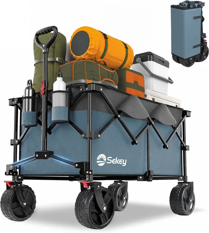 Sekey XXL Plus Bollerwagen Faltbar mit Bremsen 200L 200KG Belastbar, Extra Breite Reifen All Terrain Bollerwagen, Patentiert Zusammenfaltbar aus Vier Richtungen, XXL-PlusB 4011, Blau-Grau