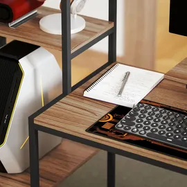 Homcom Schreibtisch Computertisch mit Monitorständer, CPU-Ständer, Bürotisch mit Druckerablage, PC Tisch mit 4 Regalen, Modern-Design für Home ... - Braun