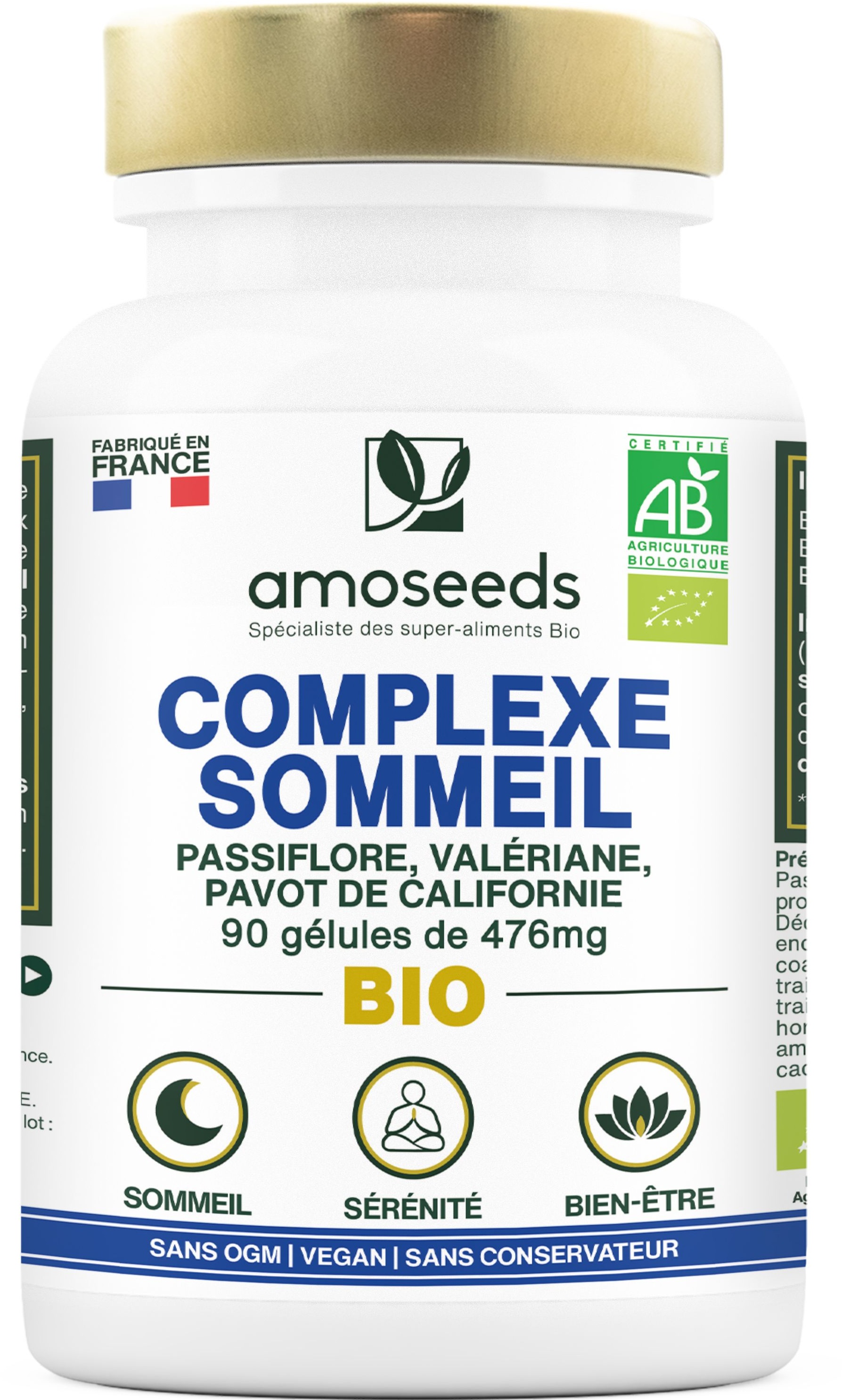 amoseeds COMPLEXE SOMMEIL BIO - PASSIFLORE, VALÉRIANE, PAVOT DE CALIFORNIE 90 pc(s) capsule(s)