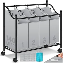 KESSER® Wäschekorb Wäschesammler Wäschesortierer mit abnehmbaren Stofftaschen   Wäschebox mit 12 Waschhinweisen 360° Rollen mit Bremse Wäsche-Sortiersystem Wäschewagen