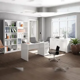 Dmora Schreibtisch Dbuttar, Moderner Schreibtisch, Studiertisch mit Kommode mit 2 Schubladen und 1 Tür, 138x60h74 cm, Weiß - Weiß