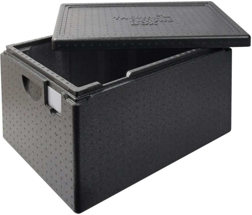 Thermo Future Box, GN 1/1 KOMFORT, Isolierbox schwarz mit Deckel, einfaches Be-und Entladen mit GN-Behältern, 54 Liter, nachhaltig aus EPP