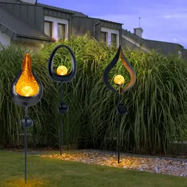 ETC Shop Solarleuchte Flamme Metall Glas H 93 cm 3er Set gelb