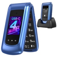 USHINING 4G Seniorenhandy Klapphandy ohne Vertrag, Mobiltelefon Großtasten Handy für Senioren mit 2,4 und 1,77 Zoll Dual Farbdisplay Dual-SIM SOS-Notruftaste USB-C Ladestation Kurzwahl Wecker, Blau