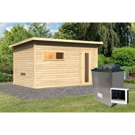 Karibu Saunahaus Hytti 6 naturbelassen Energiesparende Saunatür 9 kW Ofen inkl. Steuergerät inkl. 8-teiligem gratis Zubehörpaket (Gesamtwert 191,92€)