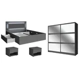 Feldmann-Wohnen Komplettschlafzimmer Fino, (4-teilig, 1 Schiebetürenschrank, 1 Doppelbett, 2 Nachtkonsolen, 4-tlg., moderne Optik, 2 Nachtkonsolen, ohne Soft-Close, LED im Kopfteil), mit LED-Licht, graphit grau 486 cm x 215 cm x 204 cm