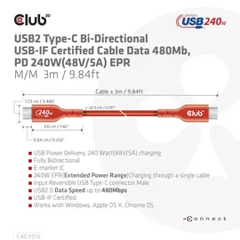 Club 3D USB 2.0 Typ-C Kabel Bidirektional USB-IF 480Mb PD 240W St./St. 3m orange