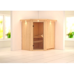 Karibu Sauna Taurin mit Eckeinstieg 68 mm-Ohne Ofen-inkl. Dachkranz inkl. 9-teiligem gratis Zubehörpaket (Gesamtwert 271,91€)