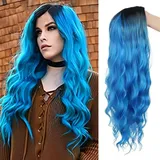 Salaibs Blaue Lang Lockig Wellige Perücken für Frauen Navy Mittelteil Haar Perücke Synthetische Hitzebeständige Faser Cosplay Halloween Perücke