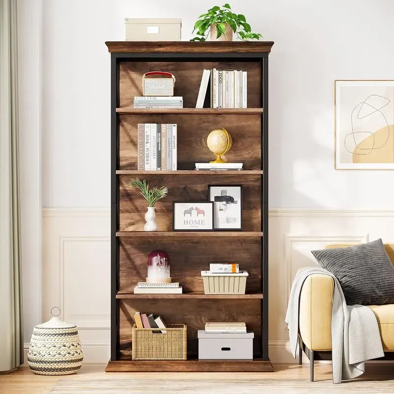 Tribesigns Bücherregal, 180 cm hohes Stehbücherregal, 6-stufiges Holzbücherregal, offenes Vitrinenregal mit Metallrahmen für Wohnzimmer, Heimarbeit, Industriedesign, Vintage-Braun