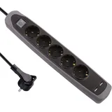 Electraline 62156, Steckdosenleiste 5-Fach mit Schalter + 2 USB 2.1A, Kabel 2m / Mehrfachsteckdose / Tischsteckdose / Steckerleiste / Steckerleiste, Extra Flacher Stecker