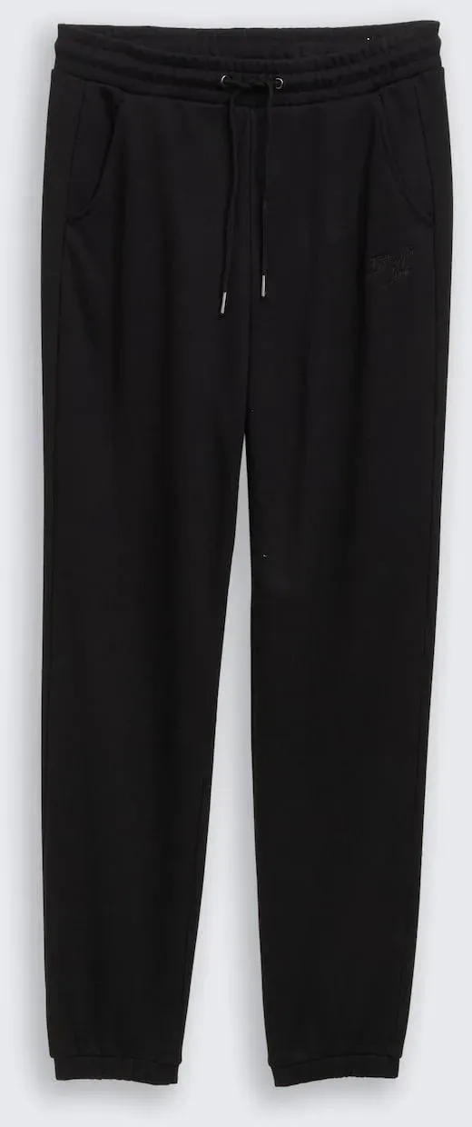 TOM TAILOR DENIM Damen Jogginghose mit Glitzer-Stickerei, schwarz, Uni, Gr. M