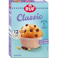 RUF Classic Muffins Backmischung, helle American Style Muffins mit Schoko-Chunks, einfache Zubereitung, 12 Muffin-Förmchen inklusive