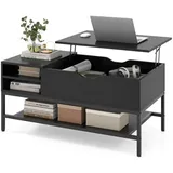 COSTWAY Couchtisch, höhenverstellbar Wohnzimmertisch mit Fachern, 100x49,5x47,5cm schwarz