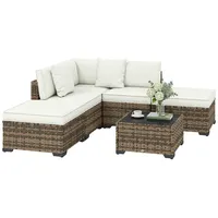 Rattan Lounge-Set 6-teilig Sitzgruppe Polyrattan Gartenmöbel 5-Sitzer Sofa Couch Hocker Ecktisch Couchtisch Glasplatte Kissen 200x200x63cm Creme