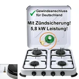 Bluecraft Camping-Gaskocher 4-flammig, mit Zündsicherung, Gasschlauch Gasregler