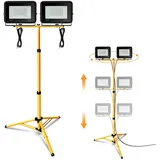 Jiubiaz Baustrahler LED mit Stativ, 2x30W Warmweiß Arbeitsstrahler 2550LM, HöHenverstellbar, Baustellenlampe Wasserdicht IP66 für Innen-und Außenbereich Garage, Baustelle (kein Stecker)