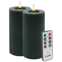 LC Home LED-Kerze LED Kerzen Set Winter Echtwachs Timerfunktion Fernbedienung dimmbar (Set, 2-tlg., LED Kerzen Winter, Teelicht und Stumpenkerze mit Reflexionsspiegel), LED Kerzen mit Timerfunktion Fernbedienung Dimmbar grün Ø 7.5 cm x 15 cm