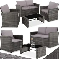 tectake Lounge Gartenmöbel Set Poly Rattan für den Garten, Möbel für den Balkon, 12-teilige Garten Lounge (wetterfest), Essgruppe mit Outdoor Sofa, Sessel und Tisch für 4 Personen (Grau/Hellgrau)