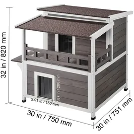 Vevor Katzenhaus für draußen, wetterfest, Unterschlupf für Wildkatzen für mehrere Katzen, großes 2-stöckiges Katzenhaus aus Holz für draußen mit Balkon, Türen, PVC-Türklappen und offenem Dach, 76,2 cm L x 76,2 cm B x 81,3 cm H