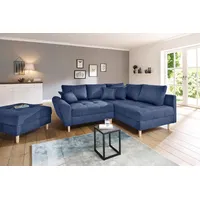 Ecksofa HOME AFFAIRE "Rice L-Form inkl. Hocker", blau (blau, marin), B:223cm H:47cm T:184cm, Luxus-Microfaser (100% Polyester), Struktur fein (100% Polyester), Microfaser PRIMABELLE (100% Polyester), Samtoptik (100% Polyester), Sofas, mit Bonnellfederkern, Hocker & Kissen, Ottomane beidseitig montierbar, Topseller