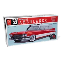 Round2 AMT - 1/25 1959er Cadillac Ambulance w/Gurney - Plastikmodellbausatz, Weiß, Transparent, Rot, Verchromt