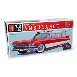 Round2 AMT - 1/25 1959er Cadillac Ambulance w/Gurney - Plastikmodellbausatz, Weiß, Transparent, Rot, Verchromt