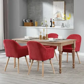 Woltu 4er Esszimmerstühle Küchenstuhl Polsterstuhl mit Armlehnen Rückenlehne Armlehnstuhl aus Cord, Massivholzbeine für Wohnzimmer Esszimmer Rot - Rot