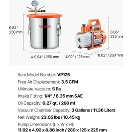 Vevor 11,36 L Vakuumkammer mit Pumpe, 99 L/min, Edelstahl, Entgasungskammer-Kit, einstufig, Deckel aus gehärtetem Glas, 1,5 m Schlauch, zur Stabilisierung von Holzentgasungs-Silikonharz