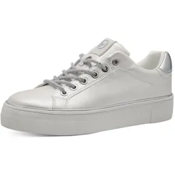 Plateausneaker TAMARIS, Damen, Gr. 39, weiß (weiß glänzend), Lederimitat, sportlich, Schuhe, Freizeitschuh, Halbschuh, Schnürschuh, Kontrastbesatz an der Ferse
