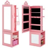 COSTWAY Schmuckschrank 3 in 1 Kinder Spiegelschrank mit Kleiderständer & Haken rosa