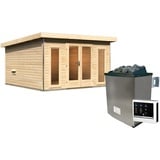 Woodfeeling Karibu Saunahaus Mainburg 3 mit Vorraum - 38 mm naturbelassen Set C (Sauna B 1,34 x T 1,34 m mit 2 Liegen 57/52 cm) 9 kW Ofen inkl. Steuergerät inkl. 8-teiligem gratis Zubehörpaket (Gesamtwert 191,92€)