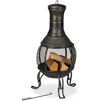 Relaxdays Terrassenofen, Stahl & Gusseisen, HxD: 88x36 cm, Gartenkamin Funkenschutz, Chiminea, Aztekenofen, schwarz/Gold