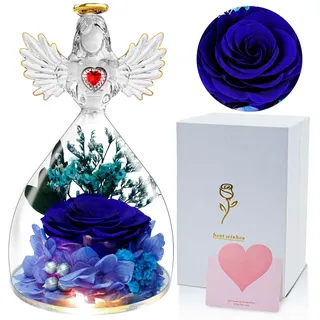 skelo Ewige Rose im Engel Figur Geschenke für Mama, Geburtstagsgeschenk für Frauen Infinity Rosen Ewige Blume in Engel Glaskuppel mit LED Licht, Weihnachten für Freundin Oma Mutter Geburtstag, Blau