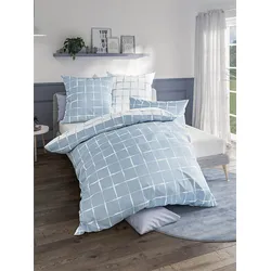 Bettwäsche DORMISETTE Gr. 1, blau (bleu, ecru, bedruckt), B/L: 135cm x 200cm, , Mako-Satin, B/L: 80cm x 80cm, Mako-Satin, 100% Baumwolle, Bettwäsche