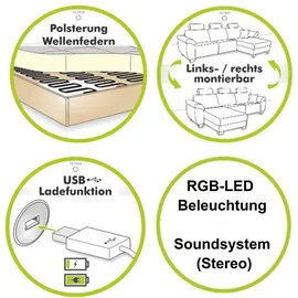 luma-home Multimedia-Ecksofa Couch mit RGB-LED Bluetooth Soundsystem USB, in Grau / Weiß / 15410 - Grau
