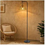 Nettlife Stehlampe Schwarz Vintage rattan Boho Standleuchte Fußschalter 164cm Bogenlampe, ohne Leuchtmittel, Leselampe für Schlafzimmer Terrasse Büro - E27 Fassung schwarz