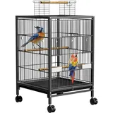 HENGMEI Papageienkäfig Vogelvoliere Vogelkäfig Vogelhaus Käfig Voliere kanarienvögelkäfig mit Rollen Schwarz 46x46x91cm (mit Offenem Dach)