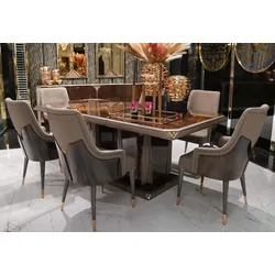 Casa Padrino Luxus Esszimmer Set Dunkelbraun / Grau / Kupfer - 1 Luxus Esstisch & 6 Luxus Esszimmerstühle - Esszimmer Möbel - Luxus Möbel - Luxus Einrichtung - Esszimmer Einrichtung