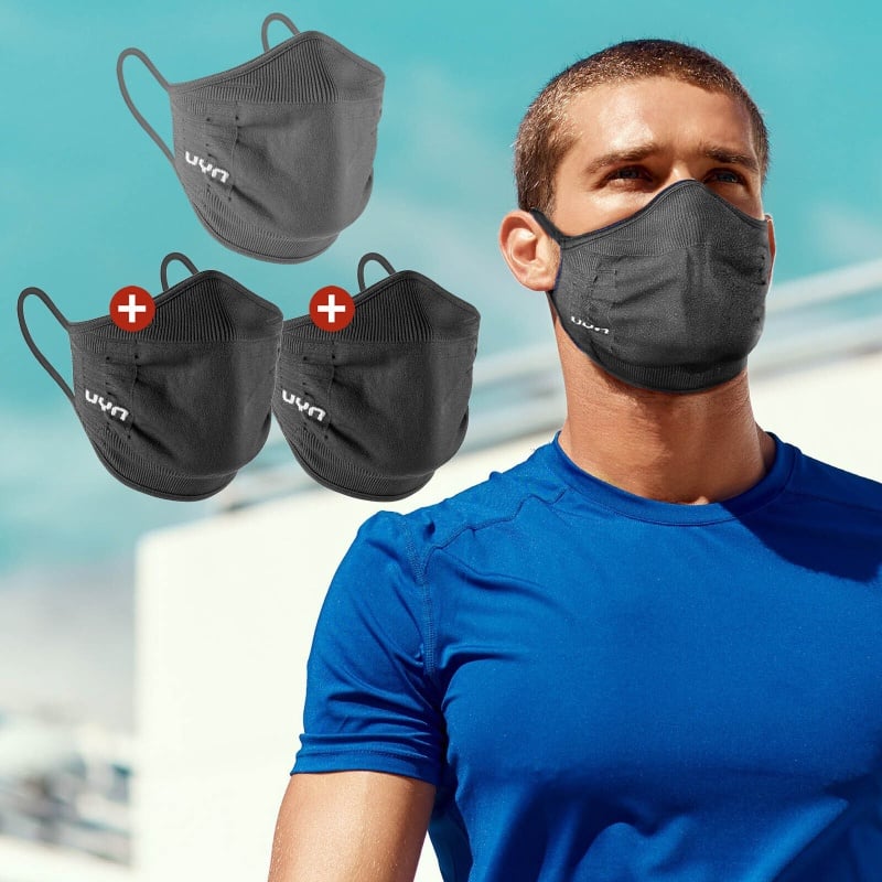 3er Pack UYN Community Mask Sportmaske Mund-Nasen-Bedeckung Herren black/grey M