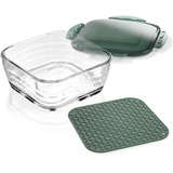 Genius A27054 Nicer Dicer Chef Glasschüssel groß mit Deckel & Silikonmatte Kombi-Set-ofenfeste Glasbehälter Auflaufform Ofenform backofenfest und gefriergeeignet, Glas, 2800 milliliters