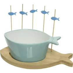 Tapas Schale in Fischform auf Holzbrett - Servierschale mit Spießen - L: 18cm - ...